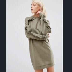 ASOS Olive Green Ruffle-Sleeved Sweatshirt or Tunic Dress 14 L